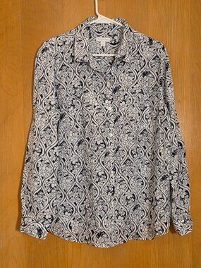 Charter Club Button Up Shirt 100% Linen Womens L Black Floral Roll Tab Sleeve
